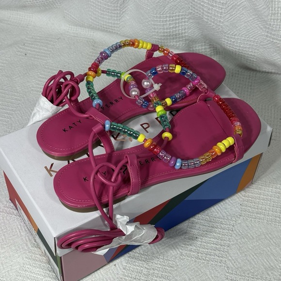 Katy Perry Womens The Cubie Bead Pink Flat Sandal Colorful Lace Up‎ Size 7.5 - Picture 3 of 5